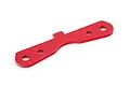 A red anodized aluminium rear suspension arm pin brace for an ARRMA RC vehicle, featuring four mounting holes and a central tab.