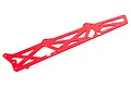 A red anodized aluminium TVP chassis side plate for an ARRMA RC vehicle, featuring a skeletonized design with multiple mounting holes.