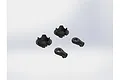 Two black plastic shock spring retainers and two black plastic shock rod ends arranged on a plain white background.