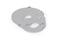 ARRMA silver aluminium motor mount plate for RC vehicles, featuring multiple mounting holes and a brushed metal finish.
