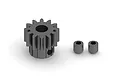 A grey metal 12-tooth pinion gear with two small grub screws on a white background.