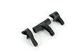 Three black plastic steering components for an ARRMA RC vehicle, isolated on a white background.