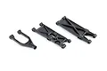 Three black plastic RC suspension arms of different shapes arranged on a white background.