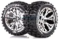 Two Louise ST-Pioneer RC truck wheels with chrome spoke rims and black knobby rubber tires, shown against a white background.