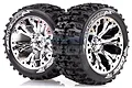 Two Louise 2.8 inch ST-Pioneer RC truck tyres pre-glued onto shiny chrome-plated spoke rims against a white background.