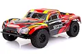 HSP Storm 1/10 scale RC short course truck with a red, yellow, and black body shell on a white background.