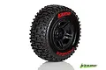 A single Louise Pioneer RC short course tyre mounted on a black plastic rim against a white background.