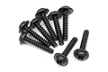 A group of eight black HPI Racing 3x15mm coarse thread washer head screws arranged on a white background.
