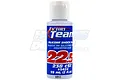 A bottle of Factory Team 22.5w silicone shock oil with a blue label and white cap against a white background.