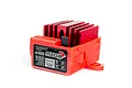 ARRMA Mega 35A waterproof brushed ESC with a red plastic casing and a red anodized aluminum heatsink on a white background.