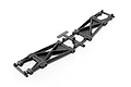 A pair of black plastic RC rear suspension arms still attached to their injection molding sprue tree.