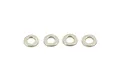 Four small, circular silver-coloured metal washers arranged in a horizontal row against a plain white background.