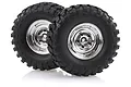 Two HSP 1.9 inch RC crawler wheels with black rubber off-road tires and shiny chrome-finished rims, shown against a white background.