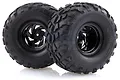 Two black RC monster truck wheels with aggressive off-road tread patterns and black multi-spoke rims, shown against a white background.