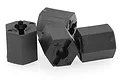 Four black plastic RC wheel hex adapters arranged in a small pile on a white background.