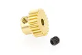 A brass 23-tooth pinion gear for RC cars, shown with a small black grub screw on a white background.