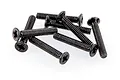 A small pile of eight black metal countersunk head screws with Phillips drive heads, isolated on a white background.