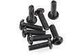 A pile of eight black metal button head screws with hex sockets, shown against a plain white background.