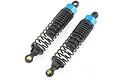 Two assembled HSP RC shock absorbers with black springs and blue anodized aluminum top caps, isolated on a white background.
