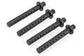 Four black plastic RC car body posts arranged diagonally on a white background.