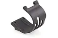 A black plastic motor guard cover for an RC car, featuring a curved design with mounting holes.