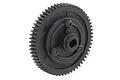 A black plastic spur gear for an RC car, featuring a central hub with a D-shaped hole and three mounting points.
