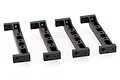 Four black plastic RC chassis braces arranged in a row against a white background.