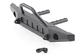 Black plastic front bumper for an RC car with a bull bar and two mounting posts, shown on a white background.