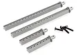 A set of four gunmetal grey aluminium RC body posts of varying lengths and four black metal screws on a white background.