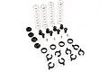 A collection of HSP RC4 shock absorber spare parts including four metal springs, plastic shock ends, spacers, and small metal pivot balls on a white background.