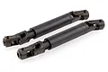Two black metal telescopic universal drive shafts for RC vehicles, shown at an angle against a white background.