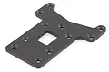 A black T-shaped metal chassis plate for an RC vehicle with multiple countersunk screw holes and a central square cutout.