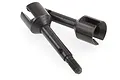 Two black metal RC wheel axles with drive cups and threaded ends, isolated on a white background.