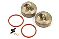 Two gunmetal aluminium shock caps with TLR branding, two red O-rings, one small black screw, and two tiny copper washers on a white background.
