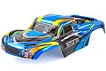 A pre-painted blue HSP Storm short course truck RC body shell with yellow and black racing decals on a white background.
