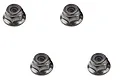 Four black steel flanged nyloc nuts arranged in a square pattern on a white background.