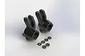 A pair of black ARRMA rear hubs with five small black washers on a white background.