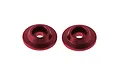 Two red anodized CNC aluminium wing washers for ARRMA RC vehicles, shown against a white background.