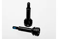 Two black steel RC wheel axles for Traxxas vehicles, one standing upright and one lying horizontally on a white background.
