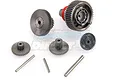 Hitec D845WP steel servo gear set including various metal gears, shafts, and a ball bearing on a white background.