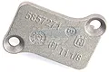 A cast metal Zenoah G320RC cylinder transfer port cover with two mounting holes and embossed part numbers on a white background.