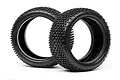 Two black rubber RC buggy tyres with a blocky tread pattern, standing upright against a white background.