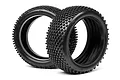 Two black Hot Bodies RC buggy tyres with a block tread pattern, shown against a white background.