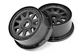 Two black HPI TR-10 rear rims for Baja 5T/5SC RC cars, featuring a multi-spoke design and beadlock-style detailing.