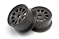 Two gunmetal grey HPI TR-10 front rims for Baja 5T/5SC RC cars, shown from an angled perspective on a white background.