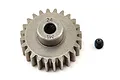 A Traxxas 24-tooth 1Mod steel pinion gear with a small black grub screw on a white background.
