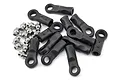 A set of black plastic rod ends and silver metal pivot balls for Losi DBXL-E RC vehicles, scattered on a white background.