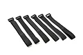 Six black hook and loop battery straps arranged in a row on a white background.