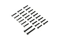 A collection of black metal button head screws of varying lengths arranged in a grid pattern on a white background.