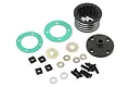 Losi DBXL-E aluminium differential case set including black metal housing, end cap, gaskets, washers, small rubber spacers, and mounting screws.